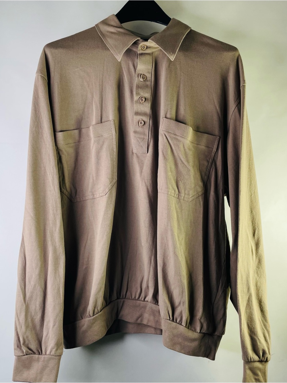 Vintage John Blair Men's Long-Sleeve Polo Shirt in Brown with Dual Chest Pockets